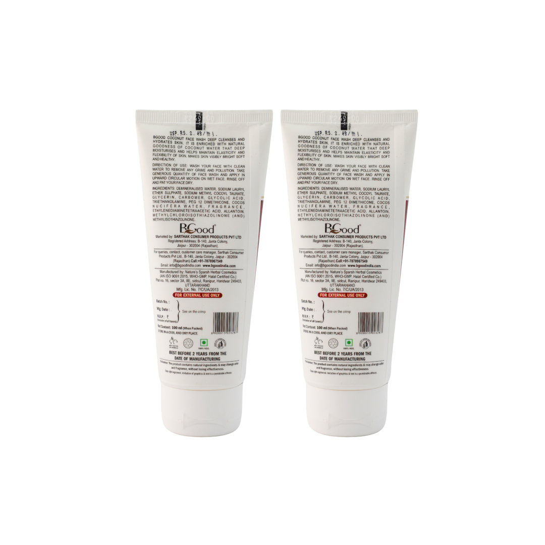 BGood | Coconut Hydrating Face Wash – 100ml x 2 Pack | Paraben Free Unisex Facewash