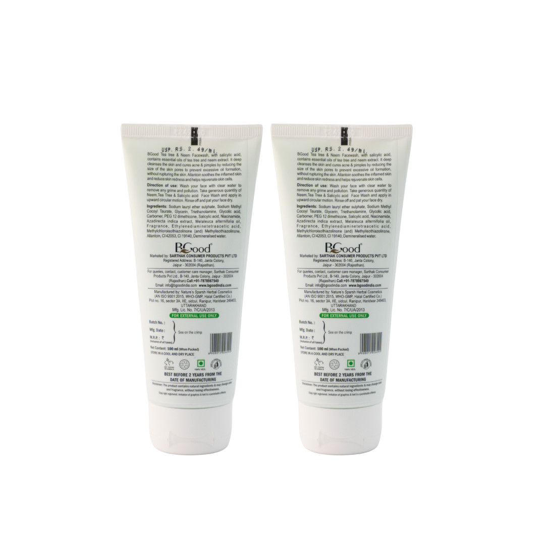 BGood | Tea Tree Neem Face Wash – 100ml x 2 Pack | Paraben Free Unisex Facewash