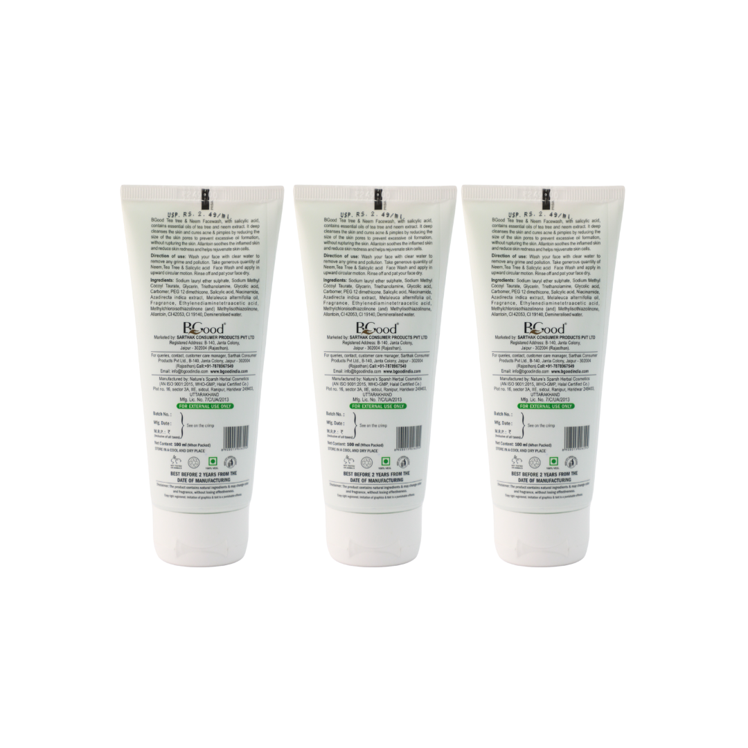 BGood | Tea Tree Neem Face Wash – 100ml x 3 Pack | Paraben Free Unisex Facewash