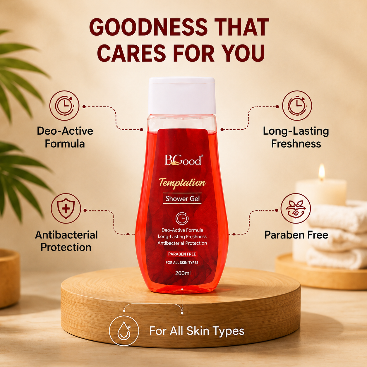 Temptation Shower Gel 200ml | Deo Active Formula Body Wash | Long-Lasting Fresh Feel | Odor Control Cleansing | Daily Shower Gel for Men | All Skin Types (200 ml x 1)
