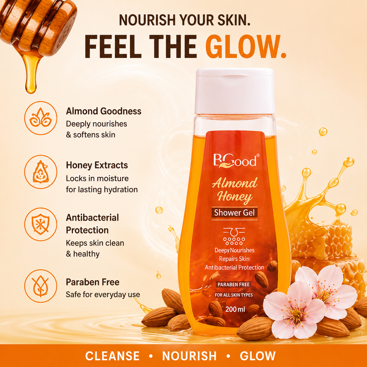 Almond & Honey Shower Gel - 200 ml | Deep Nourishing & Moisturizing Body Wash | Gentle Skin Repair Care | Soap-Free Daily Cleanser | For Men & Women | All Skin Types