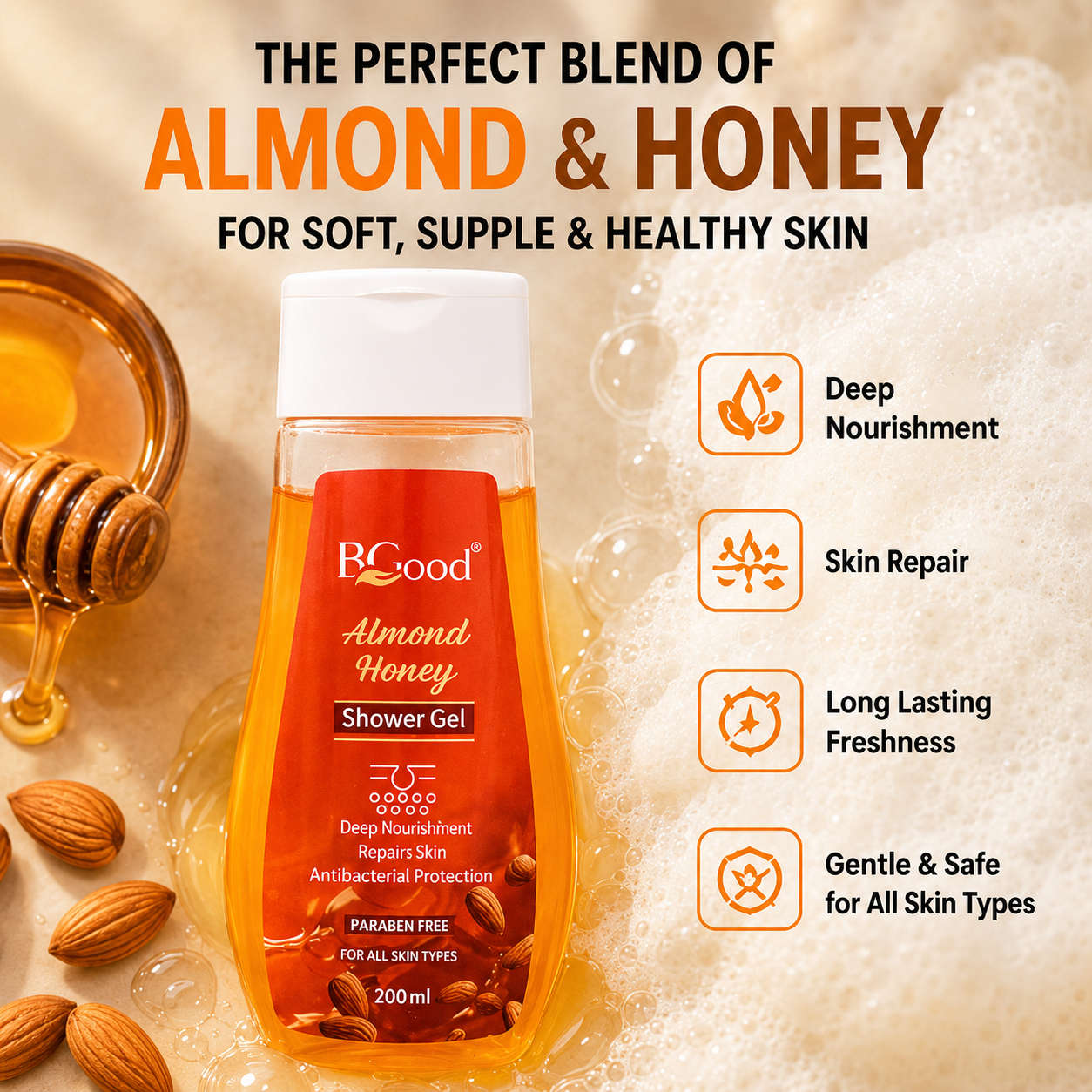 Almond & Honey Shower Gel - 200 ml | Deep Nourishing & Moisturizing Body Wash | Gentle Skin Repair Care | Soap-Free Daily Cleanser | For Men & Women | All Skin Types