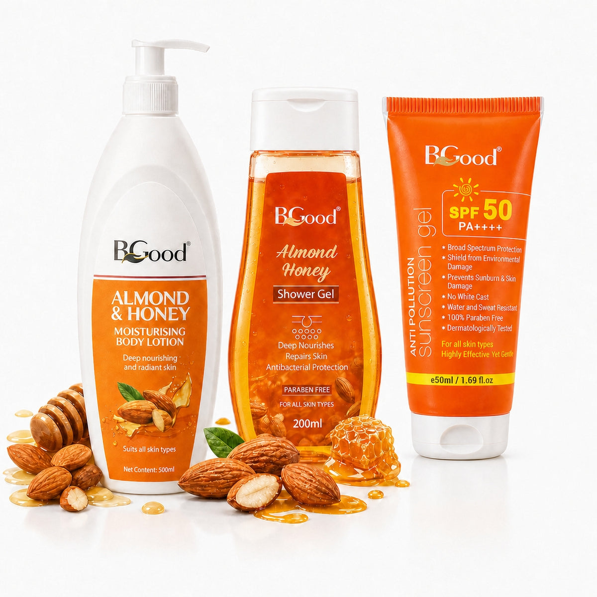 BGood Daily Care Combo – Almond & Honey Body Lotion, Shower Gel & Anti-Pollution Sunscreen