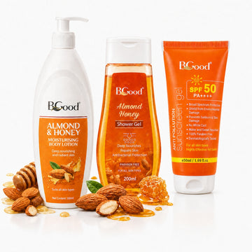 BGood Daily Care Combo – Almond & Honey Body Lotion, Shower Gel & Anti-Pollution Sunscreen